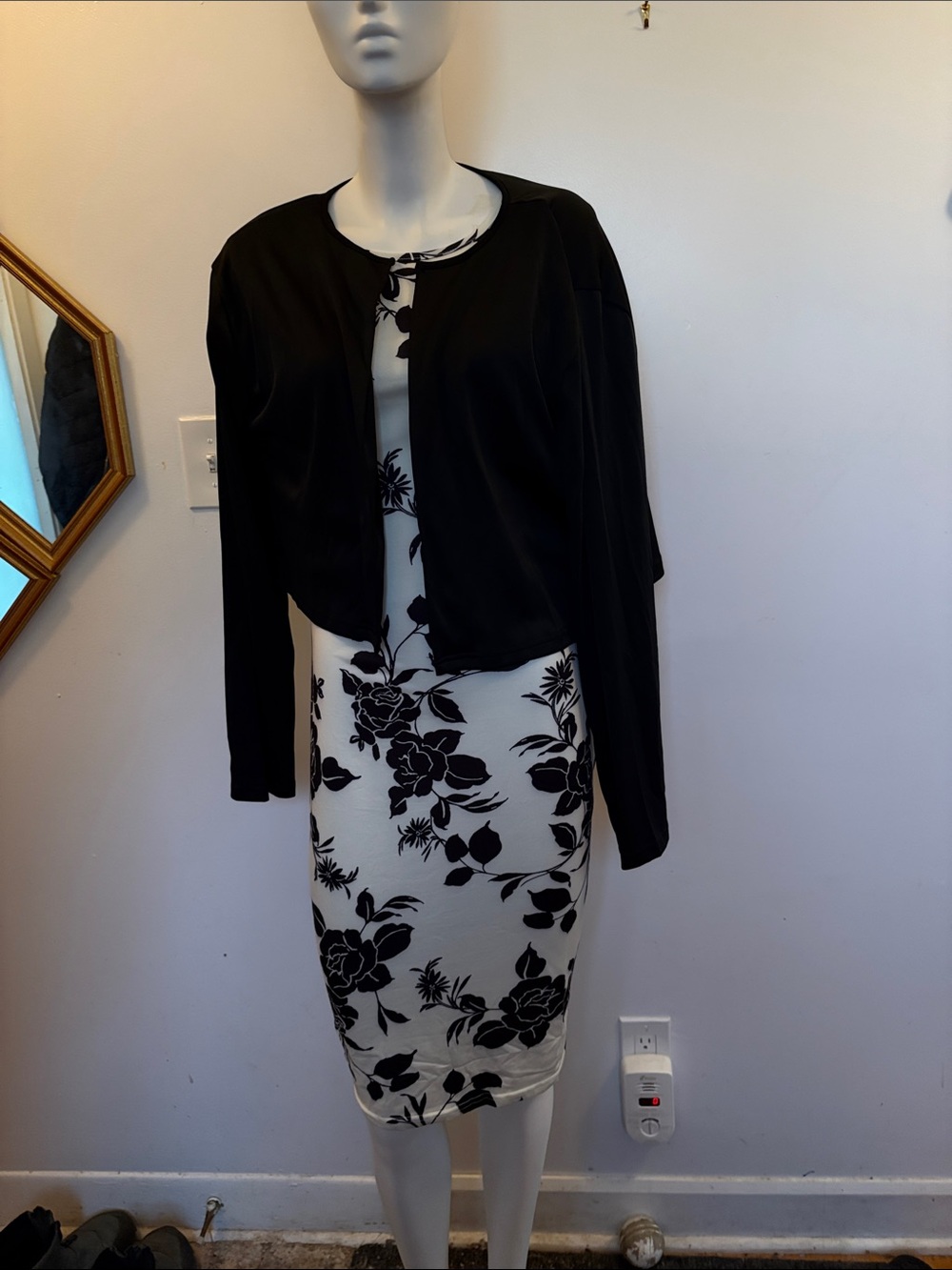 Black Cropped Jacket over White & Black Floral Sheath Dress